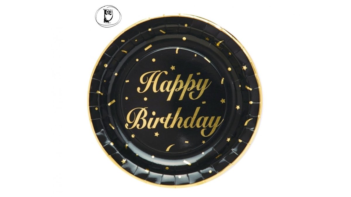 10 צלחות נייר גדולות שחורות עם כיתוב זהב HAPPY BIRTHDAY