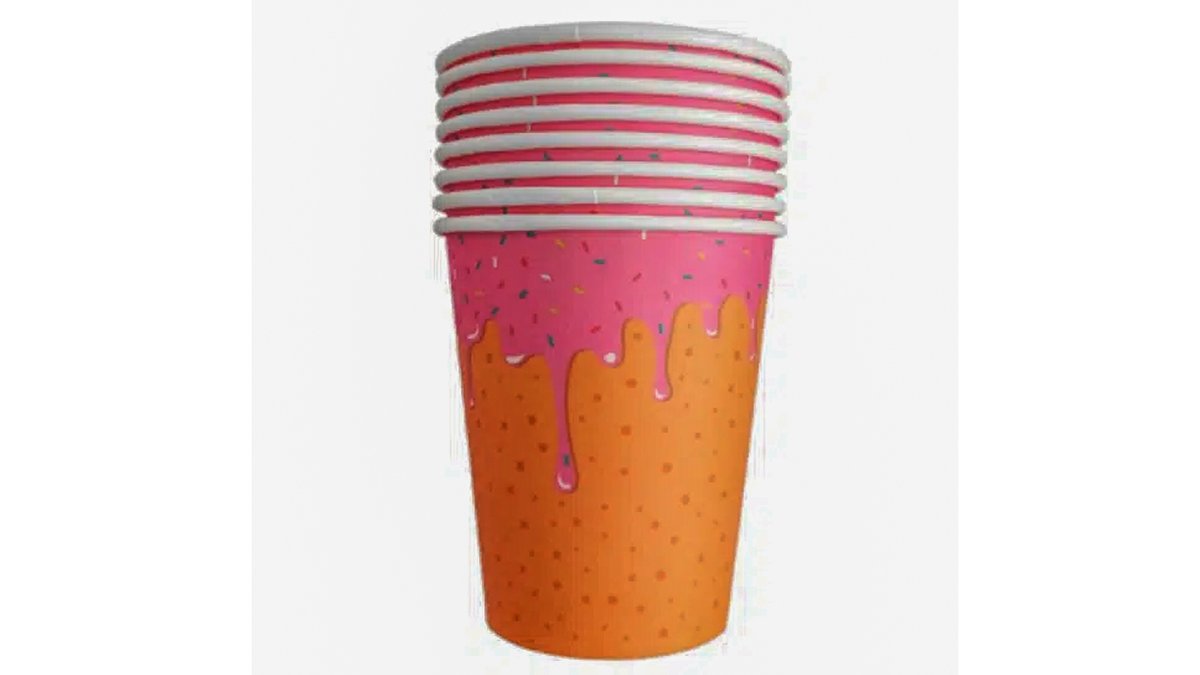 Eight disposable paper cups decorated with donuts