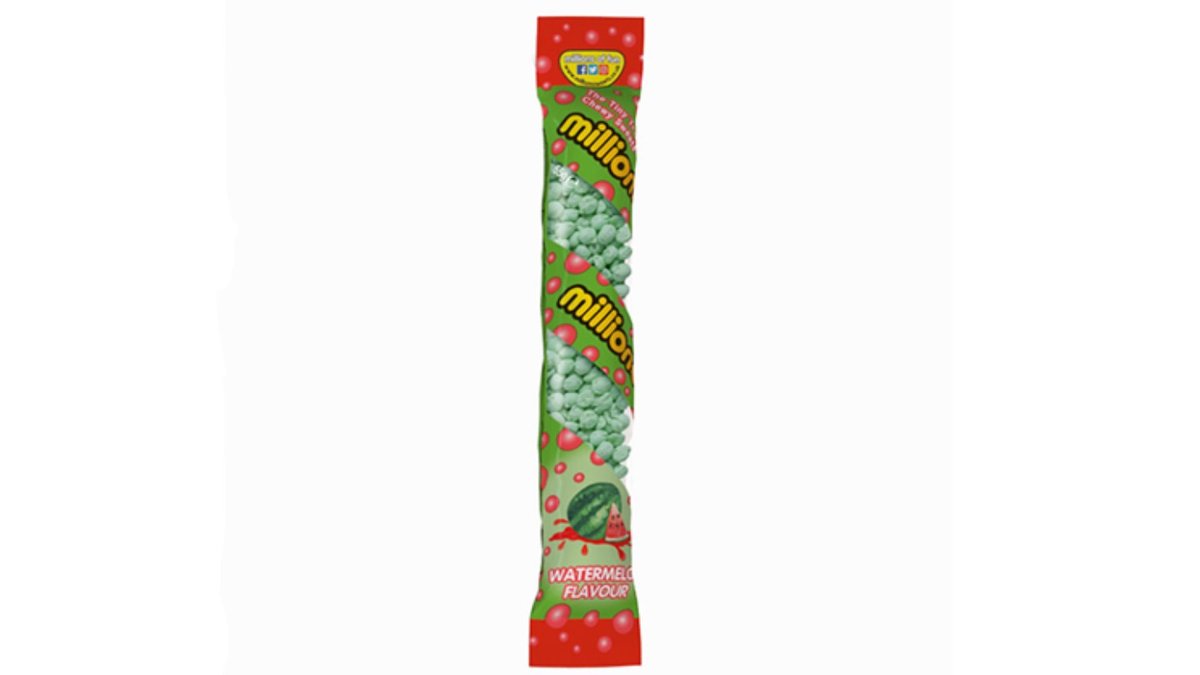 Small watermelon-flavored chewy candies in individual packaging - Millions Watermelon