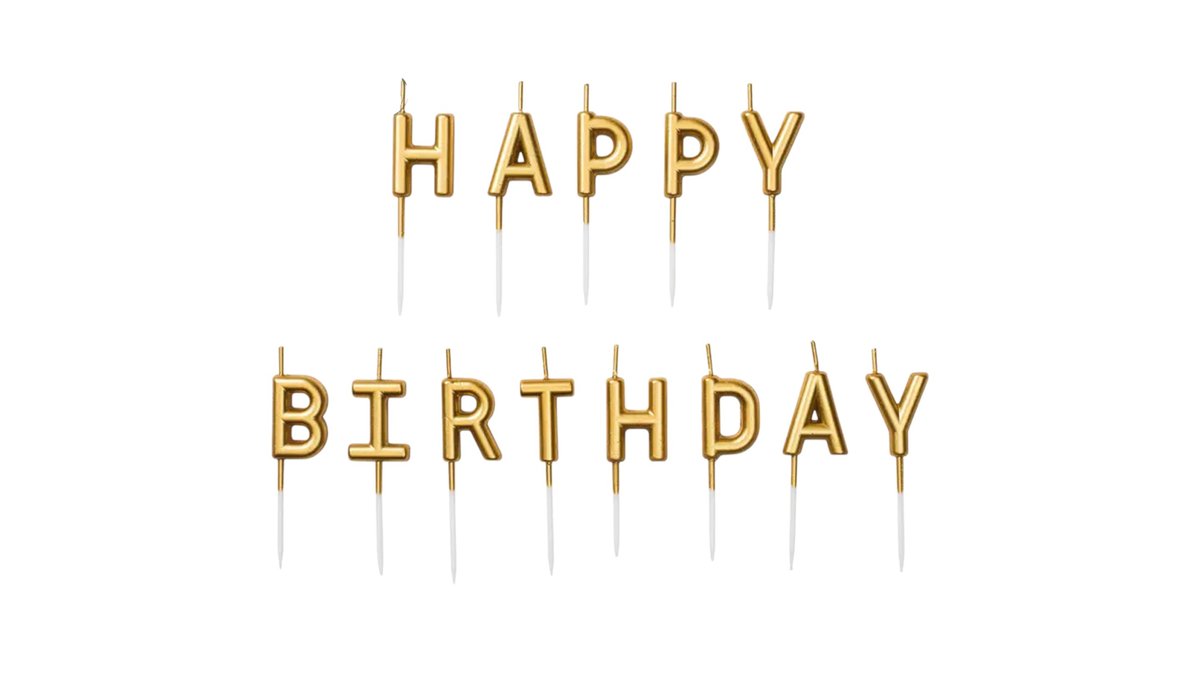 Birthday candles for a cake with the inscription HAPPY BIRTHDAY in gold