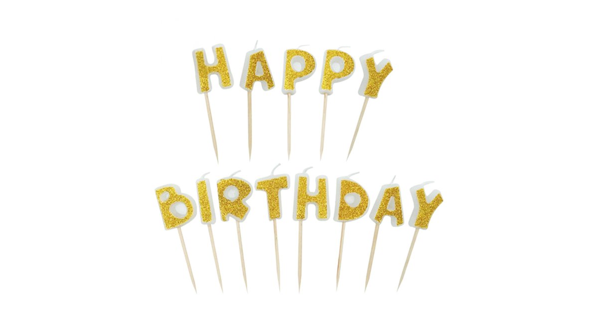 Birthday candles for a cake with the inscription HAPPY BIRTHDAY in gold glitter on a white background