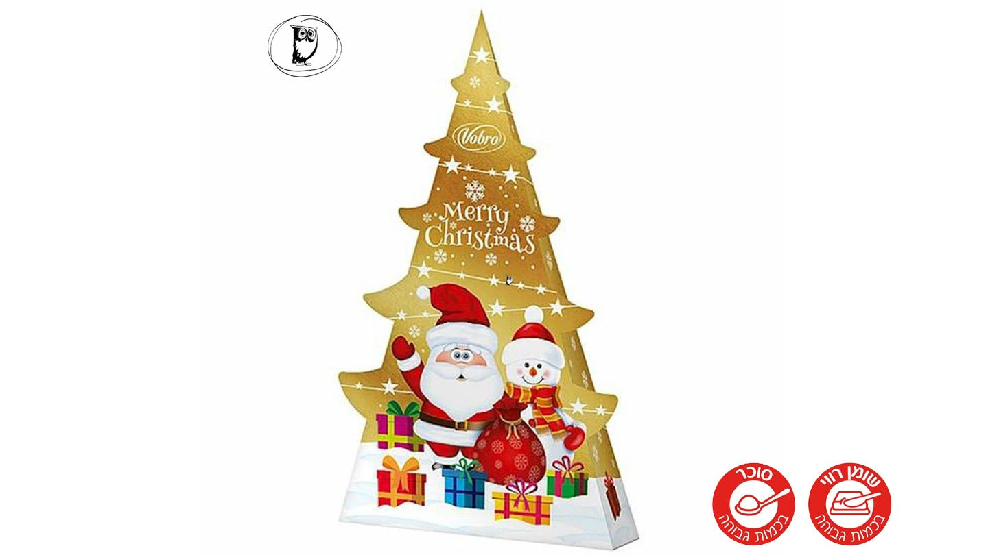 בונבוניירה בצורת עץ אשוח מוזהב מולא בממתקים בטעם תפוז ואורז תפוח בציפוי בטעם שוקולד - VOBRO