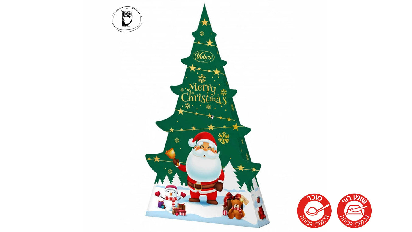 בונבוניירה בצורת עץ אשוח ירוק ממולא בממתקים בטעם בוטנים ואורז תפוח בציפוי בטעם שוקולד - VOBRO