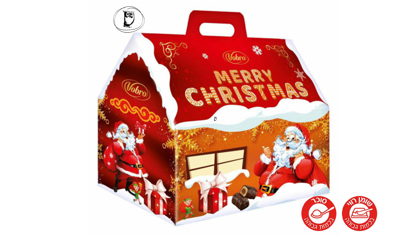 בונבוניירת קריסמיס בצורת בית מקרטון ממולא בממתקים בטעם תפוז ואורז תפוח בציפוי בטעם שוקולד - VOBRO
