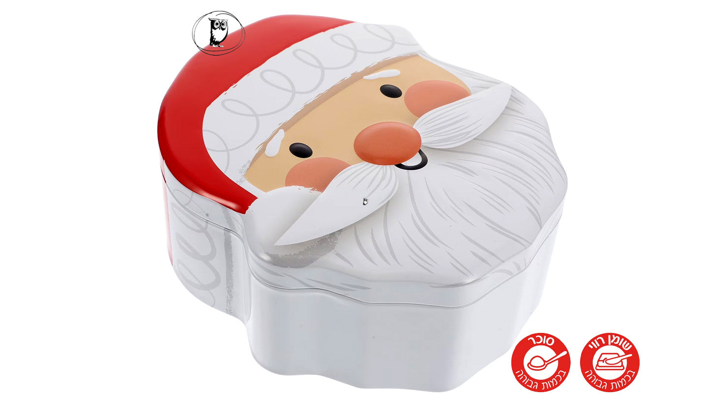 בונבוניירה בצורת פרצוף סנטה בקופסת פח ממולא בדמויות בטעם שוקולד חלב ממלאים במבחר טעמים