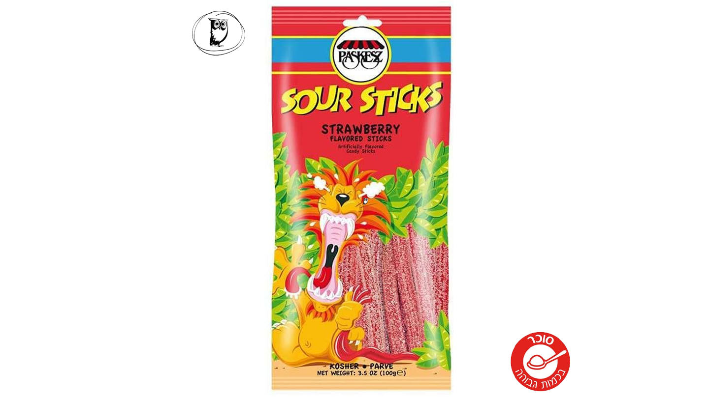 מקלות גומי חמוצים בטעם תות - Paskesz Sour Sticks Strawberry