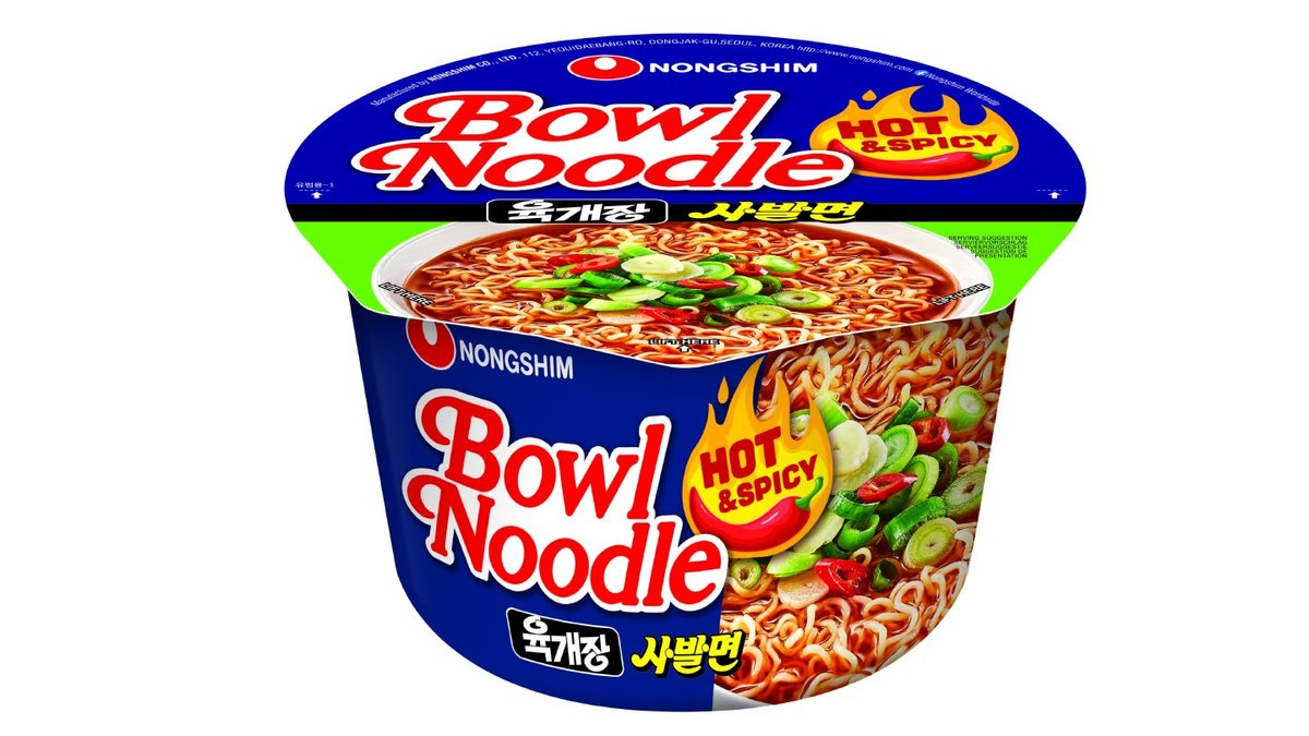 Spicy Ramen Noodle Soup in a Blue Bowl - Nongshim Bowl Noodle Soup Hot & Spicy