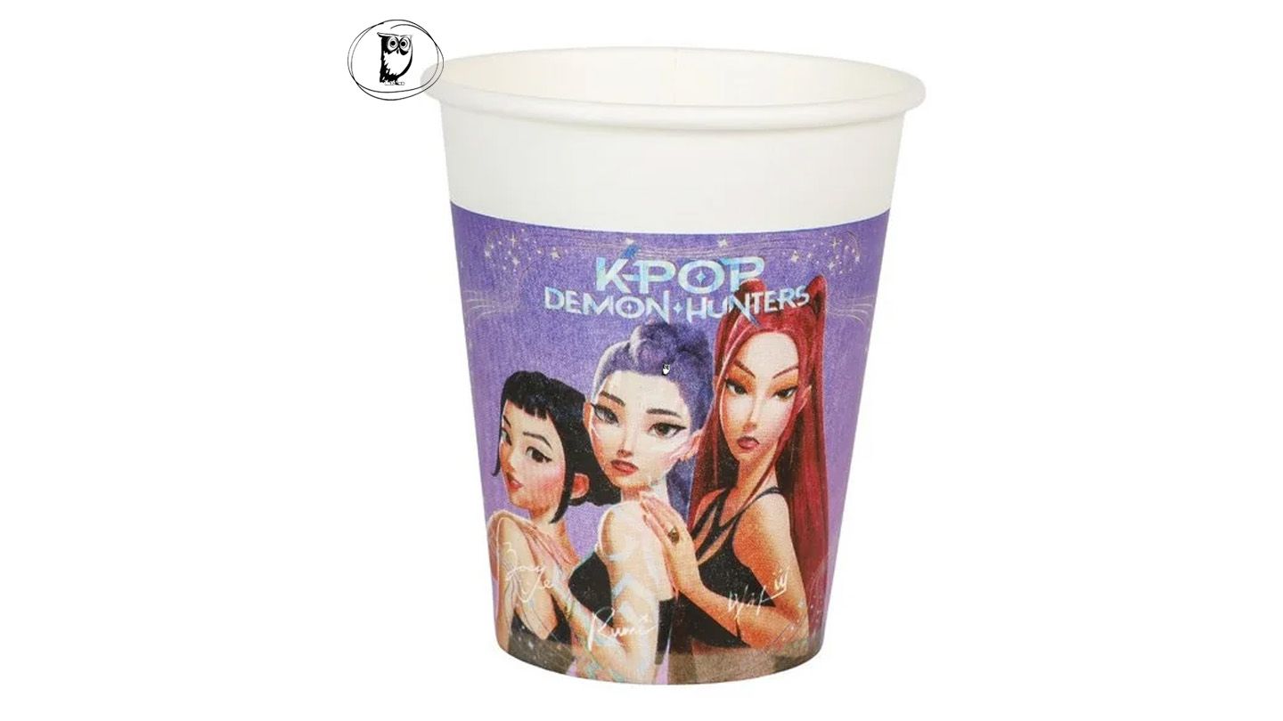 Eight disposable paper cups with a Justice League pattern