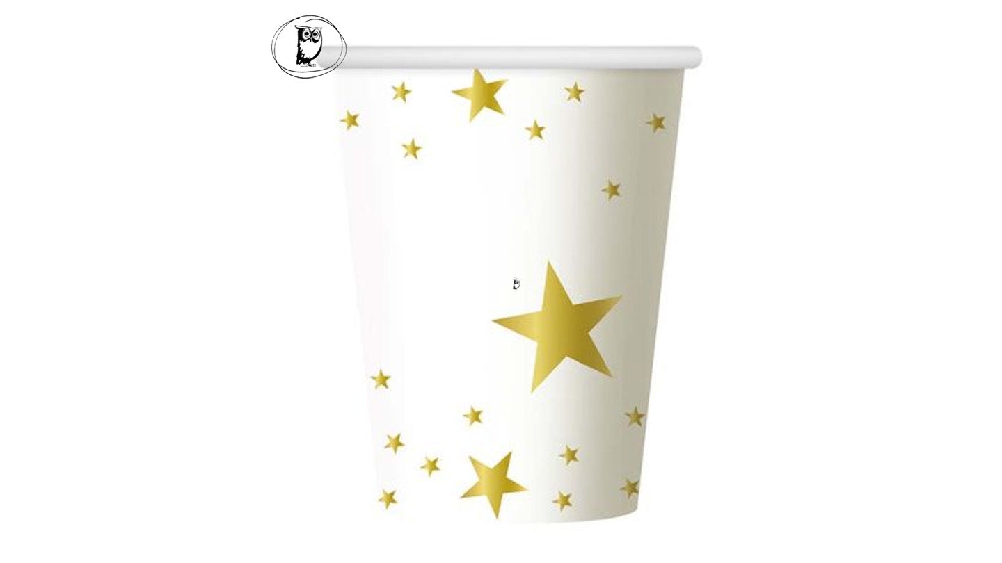 Eight disposable paper cups with a Justice League pattern