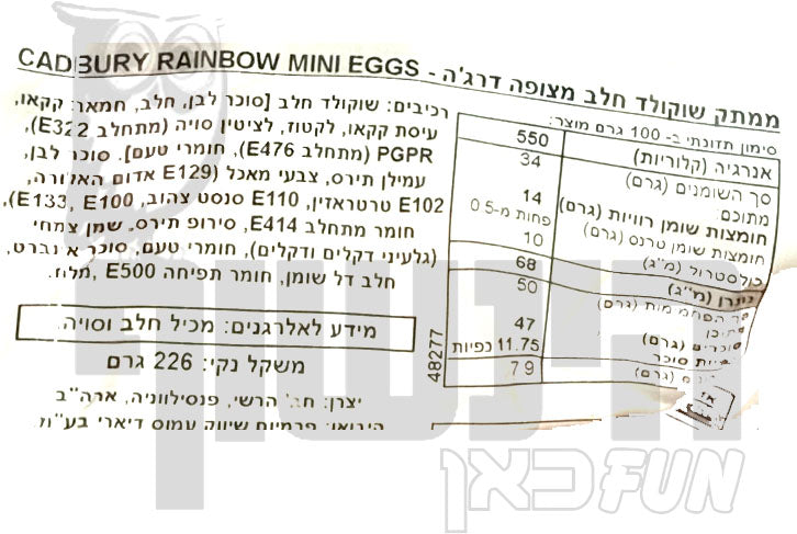 Uploaded ingredient image for ביצי שוקולד קטנטנות קשת בענן עם מילוי שוקולד - RCADBURY MINI EGGS Rainbow