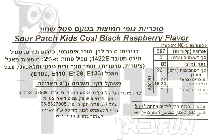 Uploaded ingredient image for Sour PATCH COAL blackberry gummy candies in a box