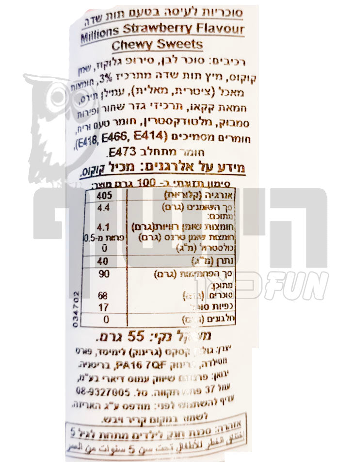 Uploaded ingredient image for סוכריות לעיסה קטנות בטעם תות באריזה אישית - Millions Strawberry