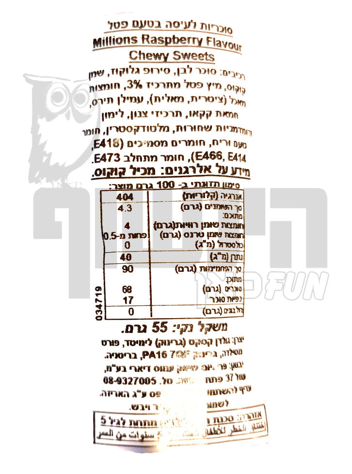Uploaded ingredient image for סוכריות לעיסה קטנות בטעם פטל באריזה אישית - Millions Raspberry