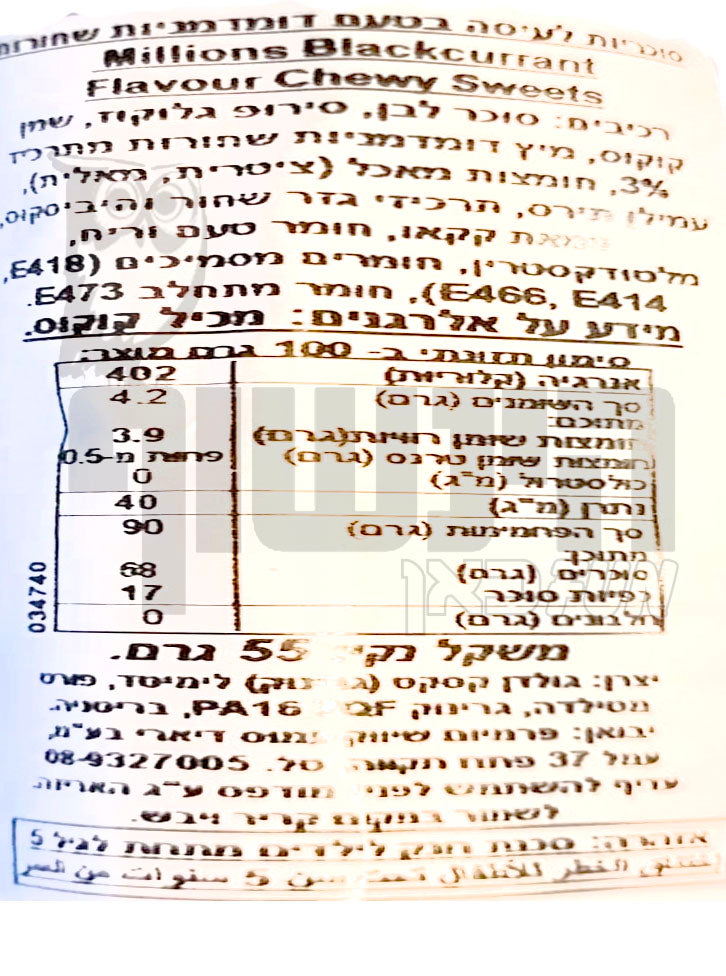 Uploaded ingredient image for סוכריות לעיסה קטנות בטעם דומדמניות באריזה אישית - Millions Blackcurrent