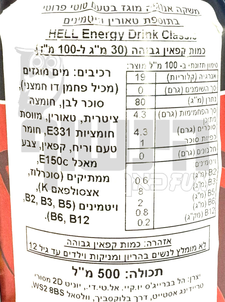 Uploaded ingredient image for משקה אנרגיה בטעם קלאסי- HELL CLASSIC