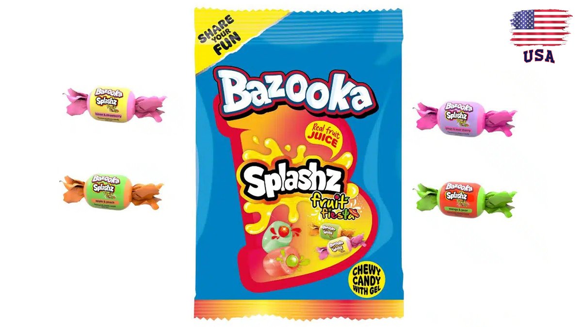 Fruit-flavored chewy candies with sweet gel filling - BAZOOKA Splashz Fruit Fiesta