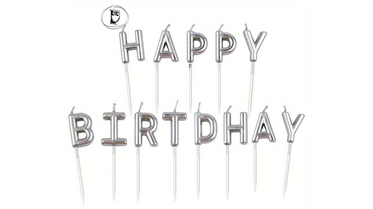 Birthday candles for a cake with the inscription HAPPY BIRTHDAY in silver