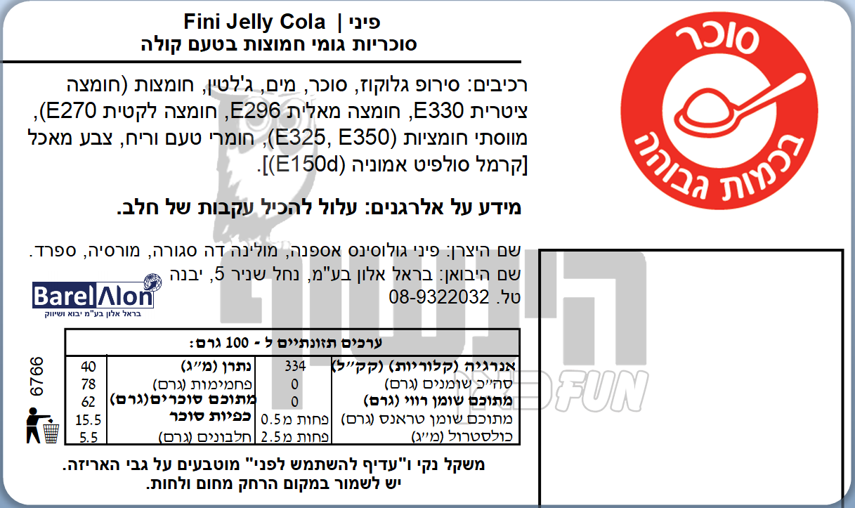 Uploaded ingredient image for גומי פיני חמוץ בקבוקי קולה - FINI JELLY COLA