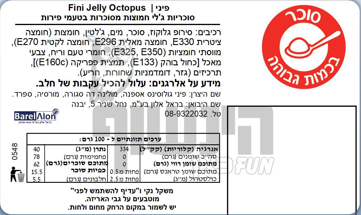 Uploaded ingredient image for סוכריות גומי התמנון החמוץ   - FINI OCTOPUS