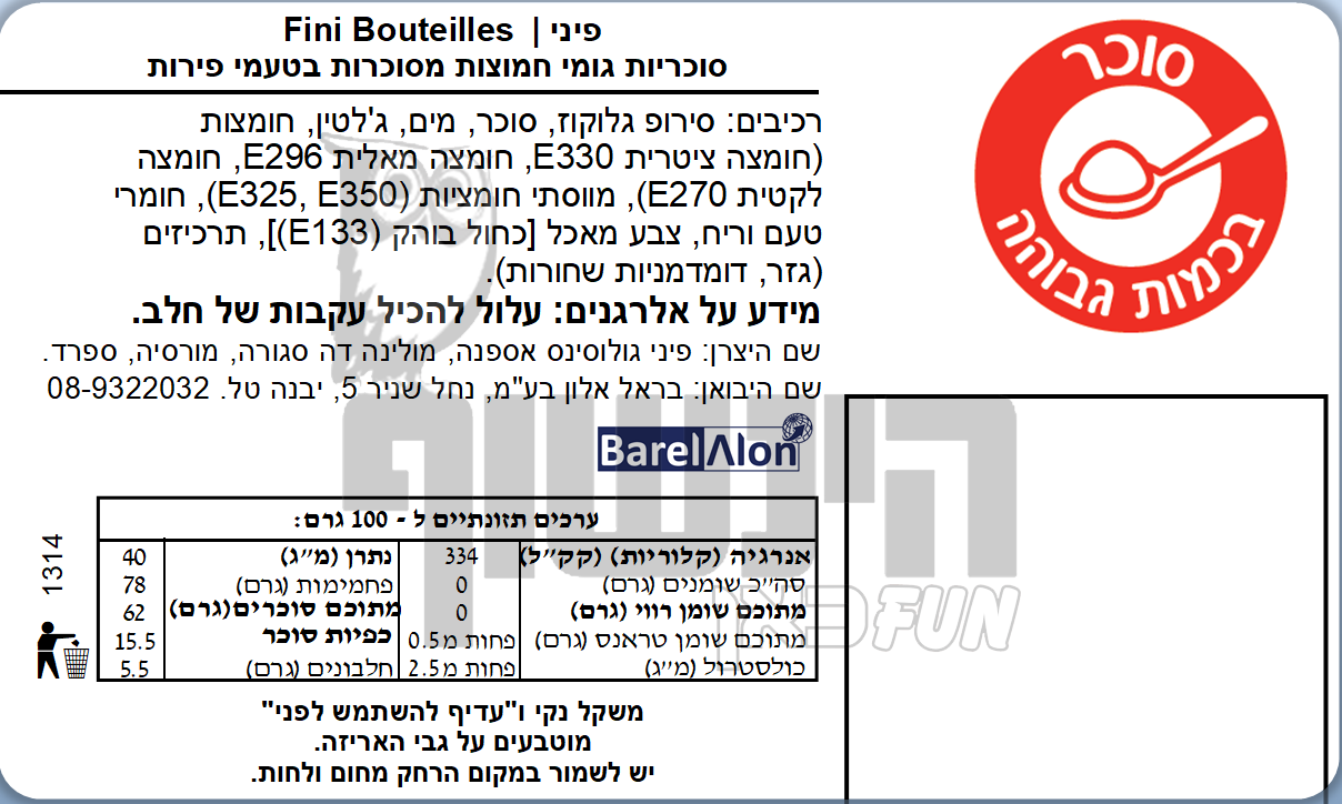 Uploaded ingredient image for גומי פיני בקבוקים מסוכרים - FINI Bouteilles roses et bleues
