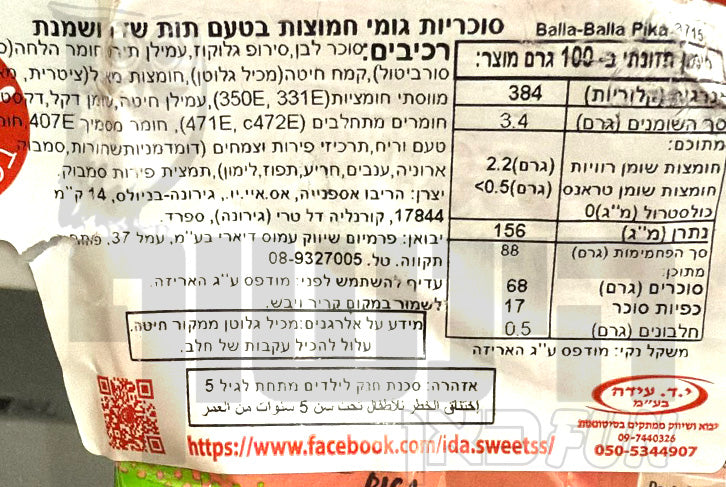 Uploaded ingredient image for גומי הריבו בלה בלה  חמוץ צינורות תות ממולאים מסוכרים  - HARIBO BALLA BALLA Pika