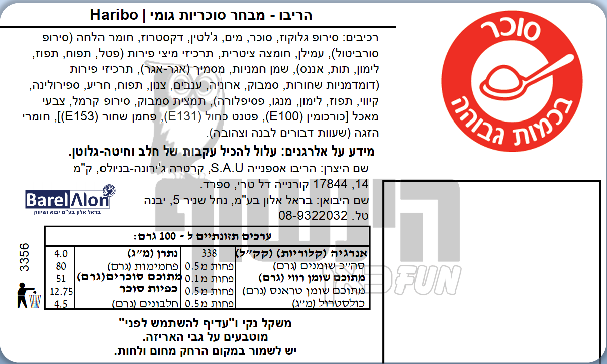 Uploaded ingredient image for גומי הריבו פבוריטוס מיקס קלאסי -  HARIBO Favoritos Classic