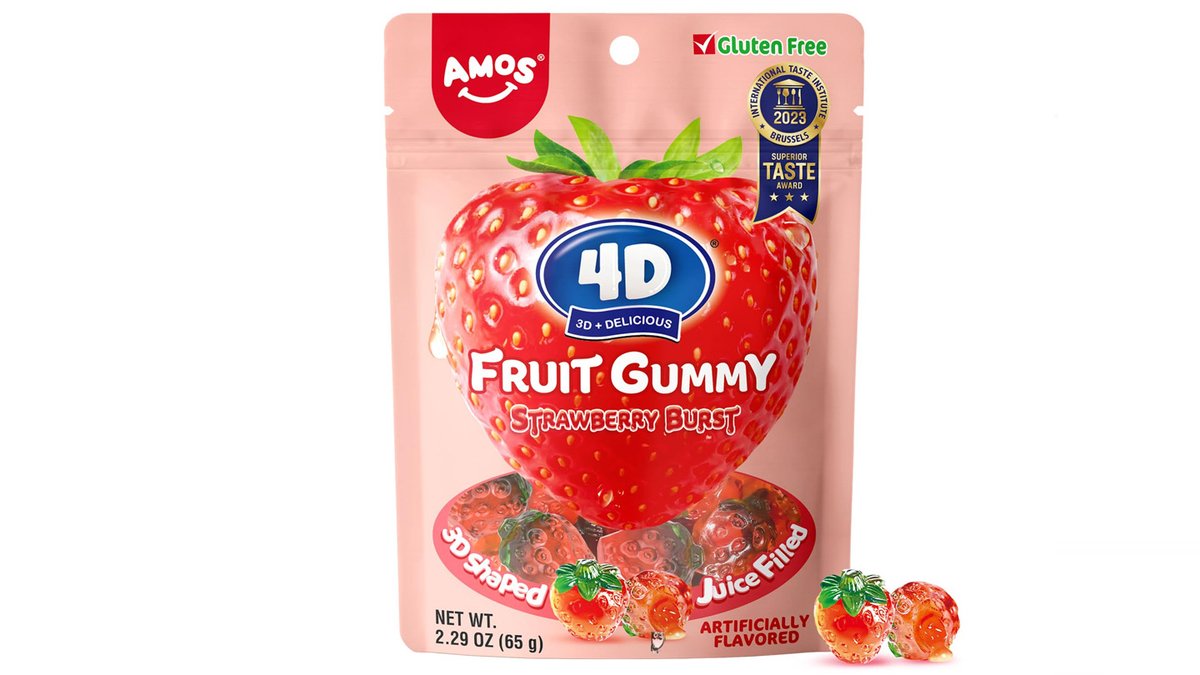 גומי 4D בצורת תותים עם מילוי בטעם תות שדה  - AMOS 4D Strawberry Burst