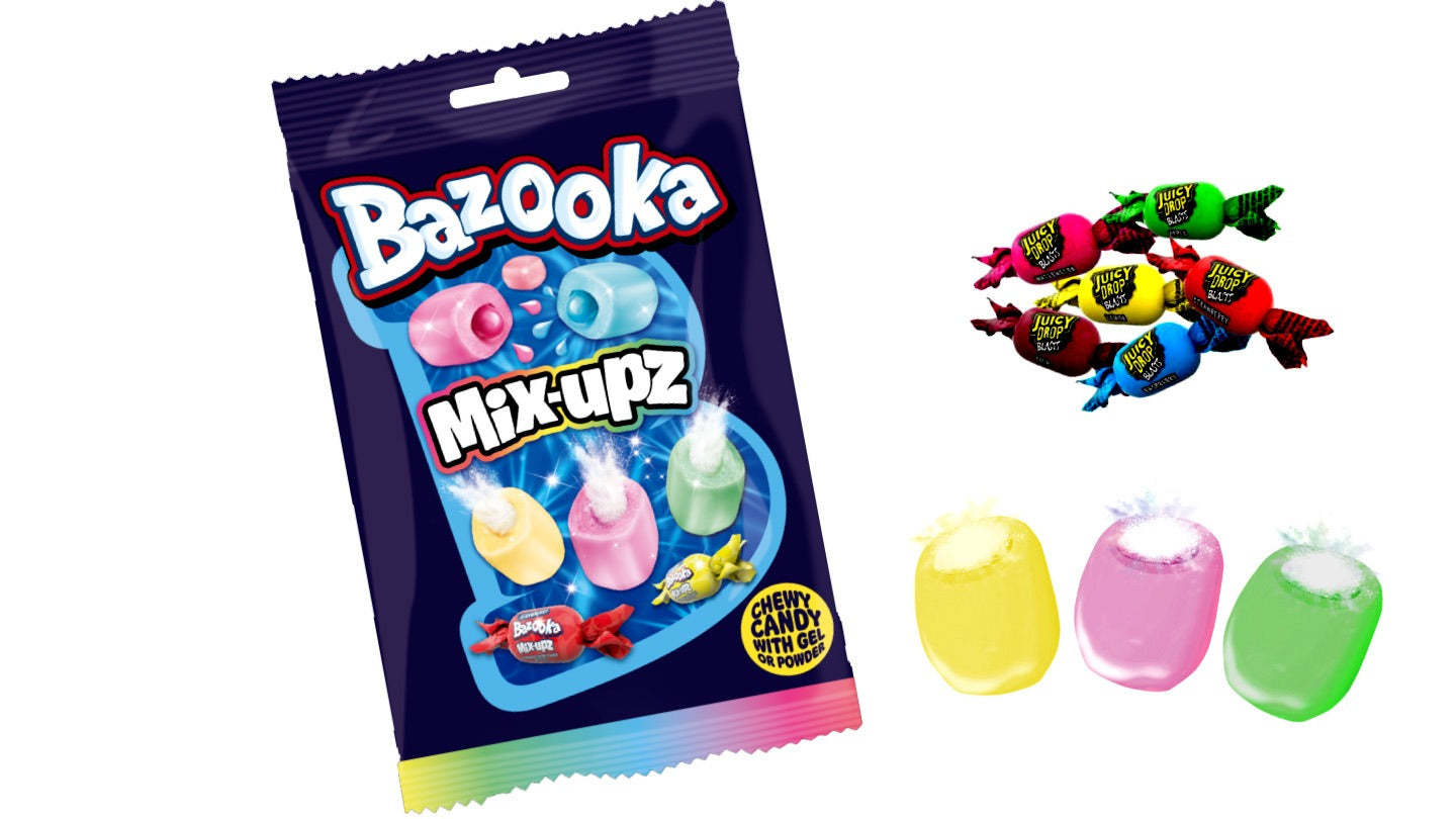 Fruit-flavored chewy candies with sweet gel filling - BAZOOKA Splashz Fruit Fiesta