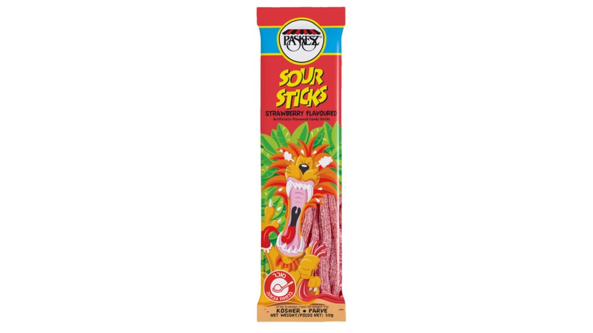 מקלות גומי חמוצים בטעם תות - Paskesz Sour Sticks Strawberry
