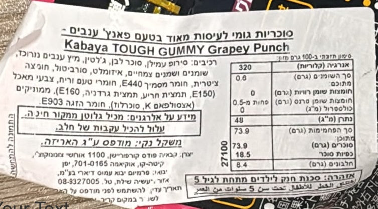 Uploaded ingredient image for Kabaya Tough Gummy Grape Punch סוכריות גומי יפניות בטעמי ענבים עשירים