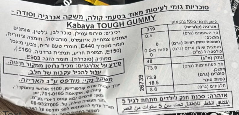 Uploaded ingredient image for Kabaya Tough Gummy Cola, Energy & Soda-סוכריות גומי יפניות מיוחדות המשלבות