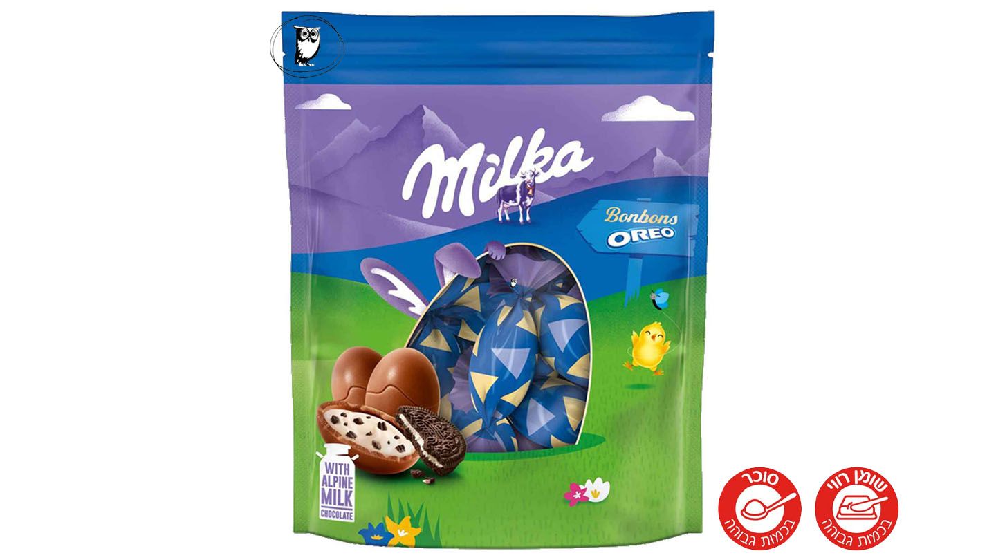 מילקה שקית ביצי שוקולד חלב במילוי קרם חלב ועוגיות אוראו - Milka