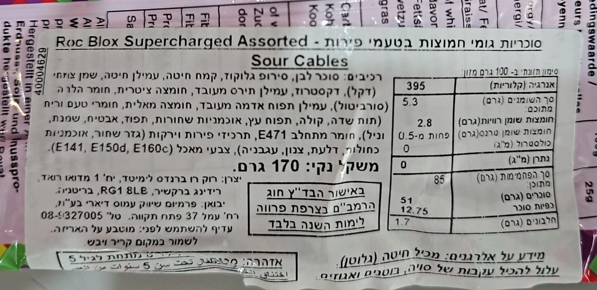 Uploaded ingredient image for גומי צינורות חמוצים בטעם פירות - ROC BLOX