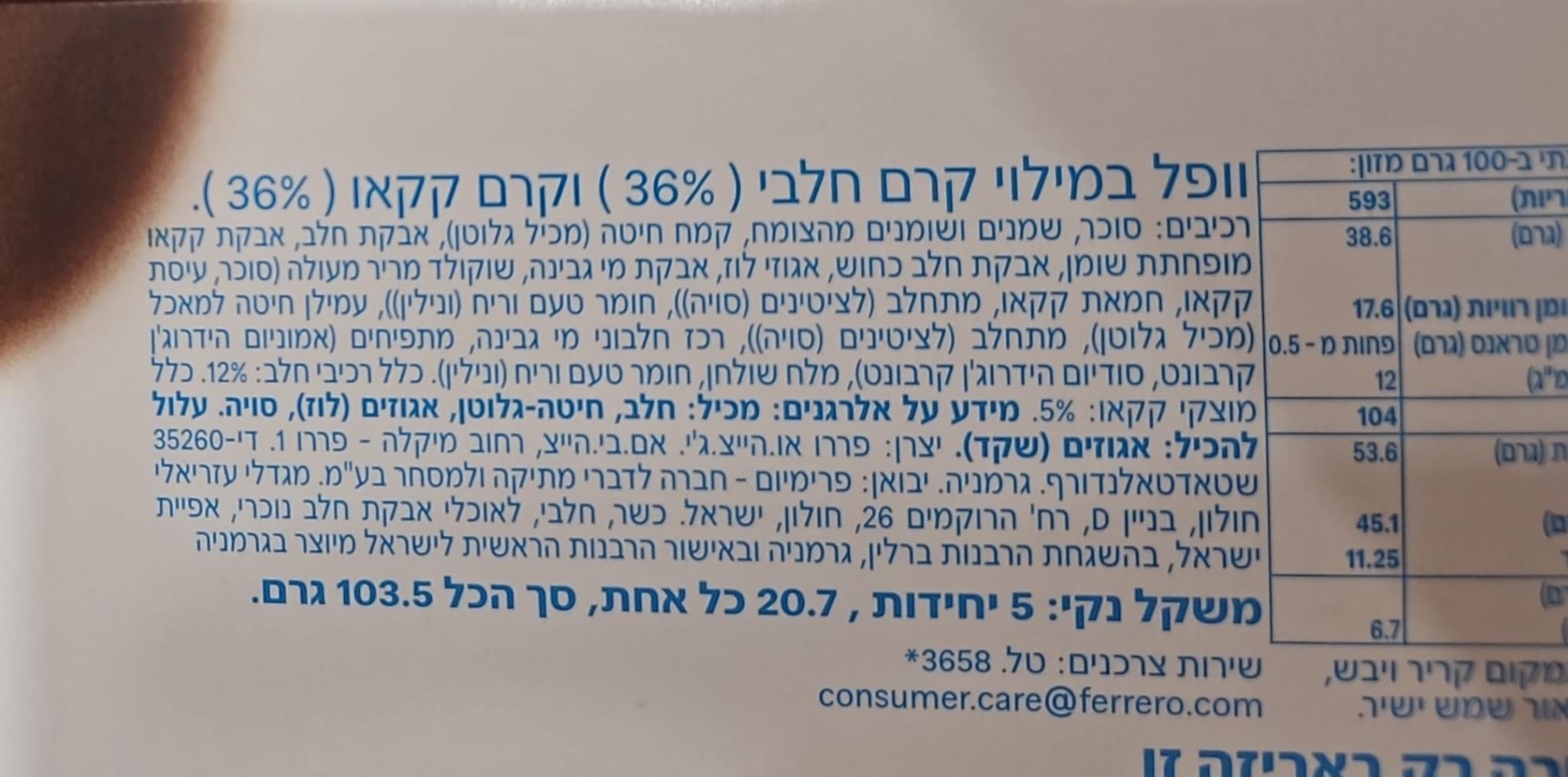 Uploaded ingredient image for קינדר הפי היפו חמישייה בטעם שוקולד - KINDER