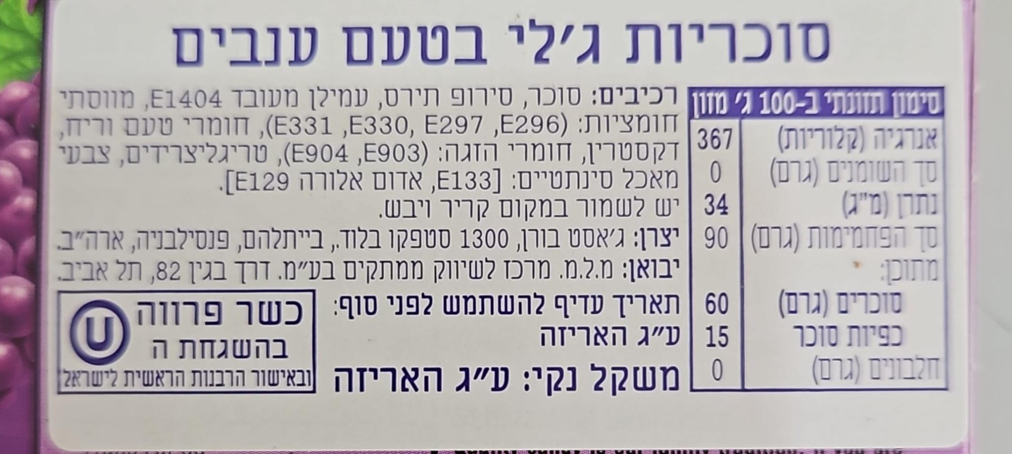 Uploaded ingredient image for מייק אנד אייק סוכריות לעיסה בטעם ענבים - Mike & Ike Jolly Joes
