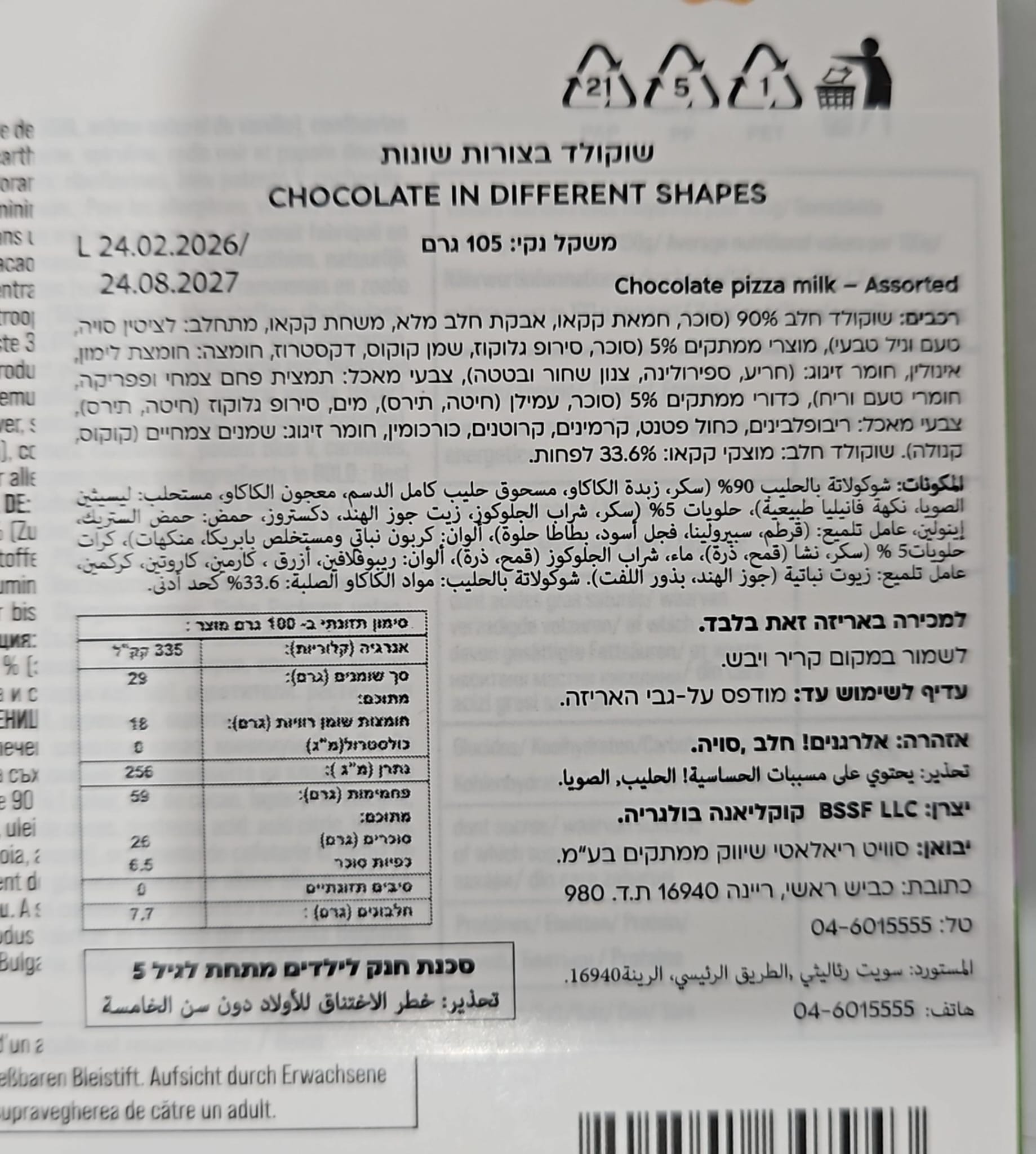 Uploaded ingredient image for שוקולד חלב בצורת פיצה עם סוכריות צבעוניות