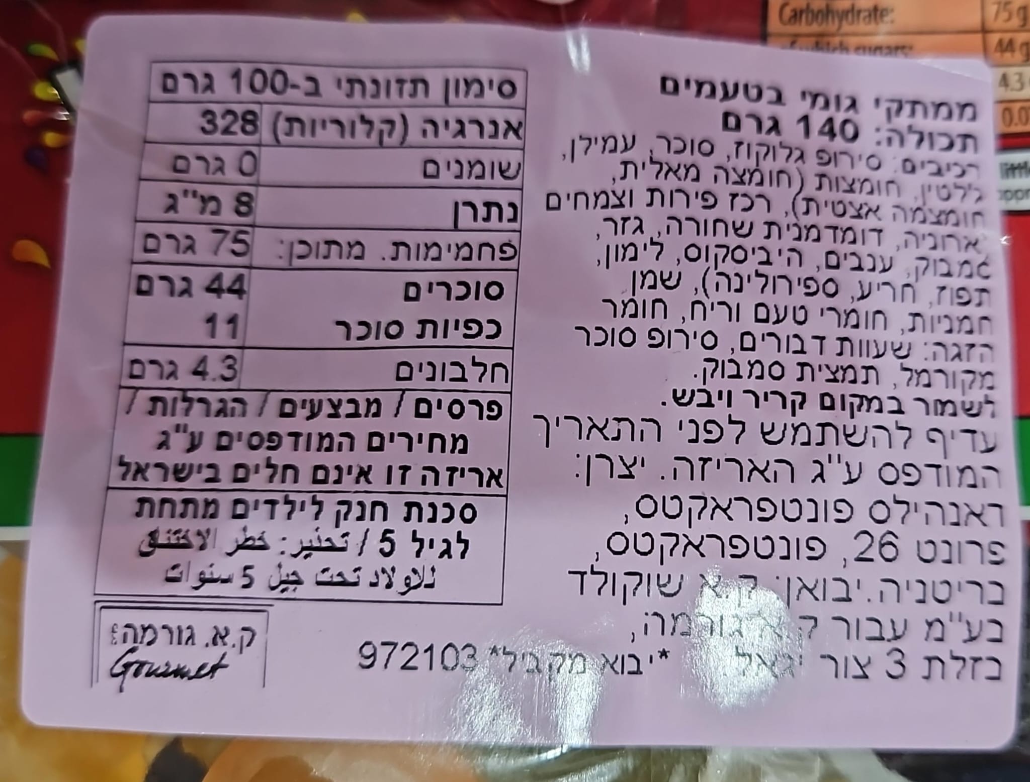 Uploaded ingredient image for גומי יין הריבו - HARIBO WINE GUMS