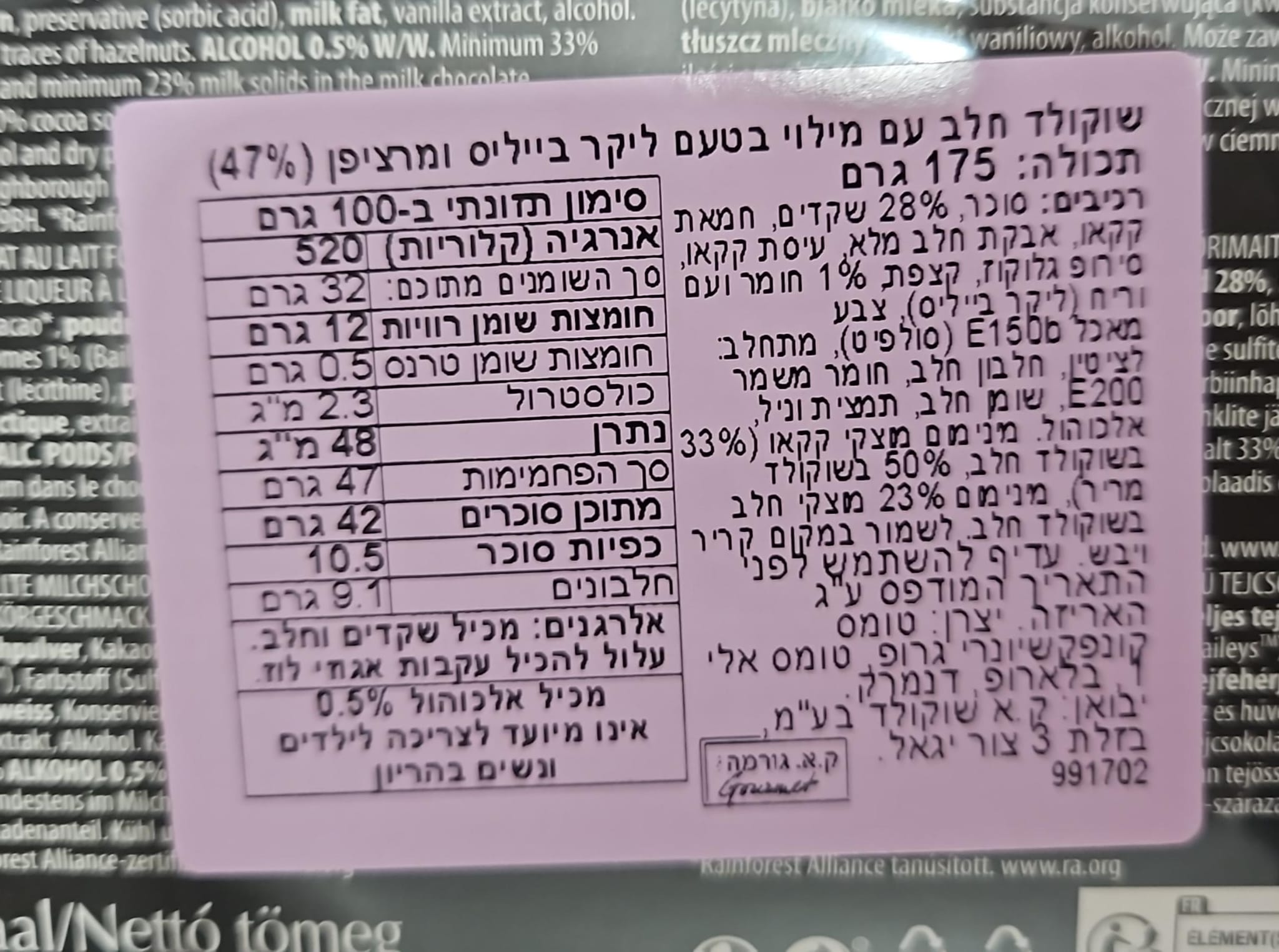 Uploaded ingredient image for שוקולד חלב עם מילוי בטעם ליקר בייליס ומרציפן -  Anthon Berg