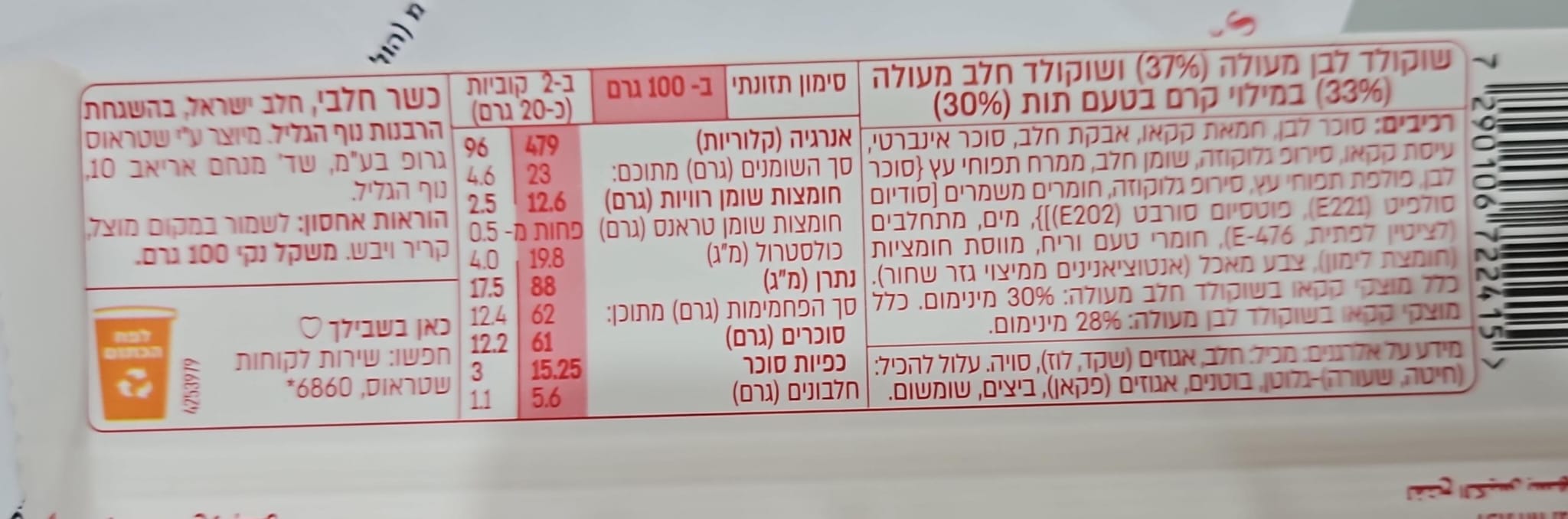 Uploaded ingredient image for שוקולד פרה ממולדה לבן - טבלת שוקולד לבן ושוקולד חלב במילוי קרם תות