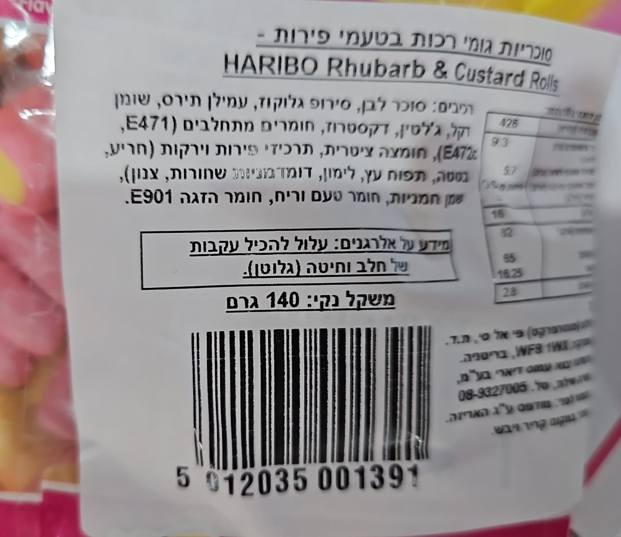 Uploaded ingredient image for גומי הריבו רולס ורוד צהוב  - HARIBO RHUBARB CUSTARD ROLLS
