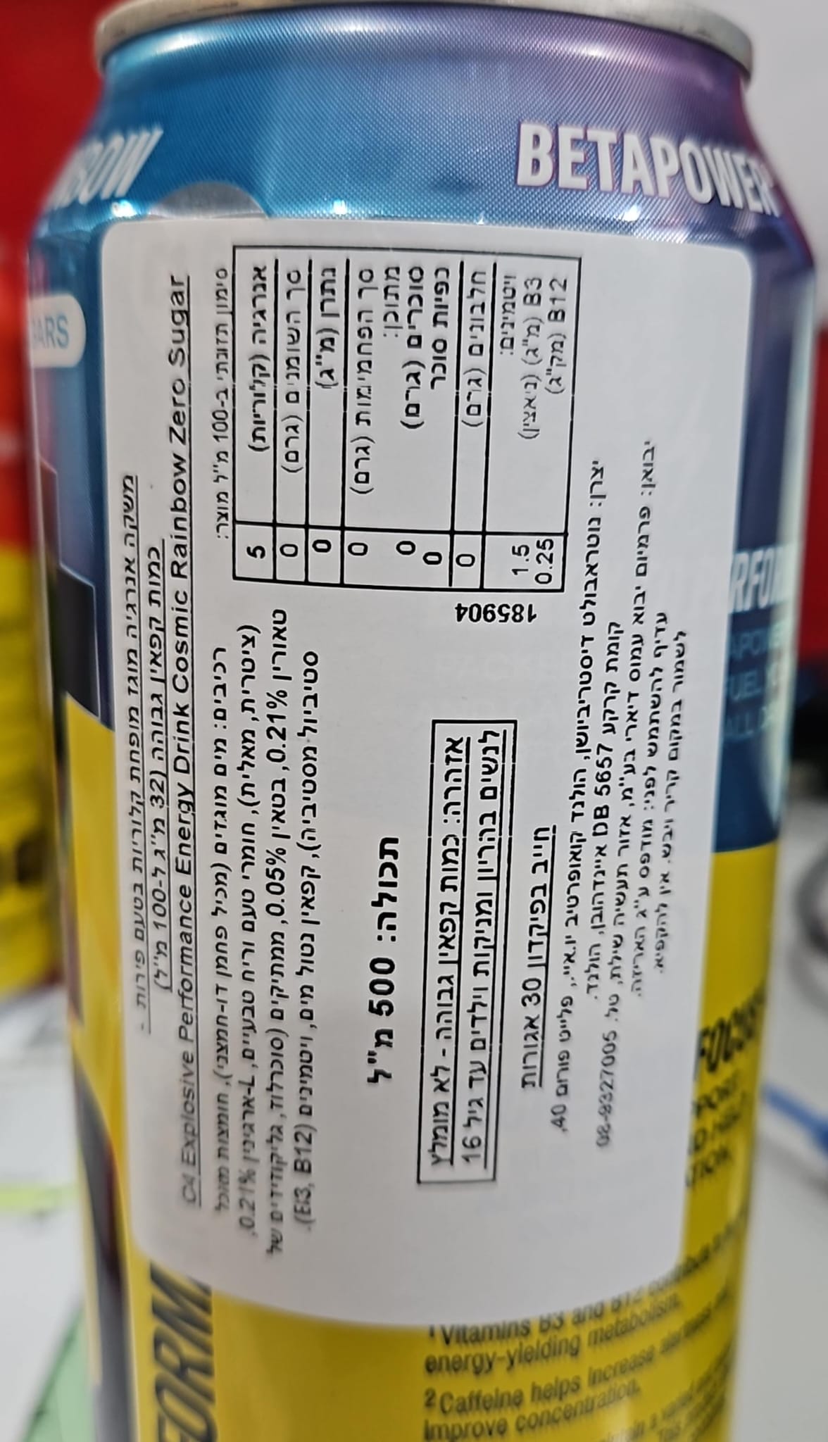 Uploaded ingredient image for מיליונס משקה אנרגיה מופחת קלוריות בטעם פירות - millions