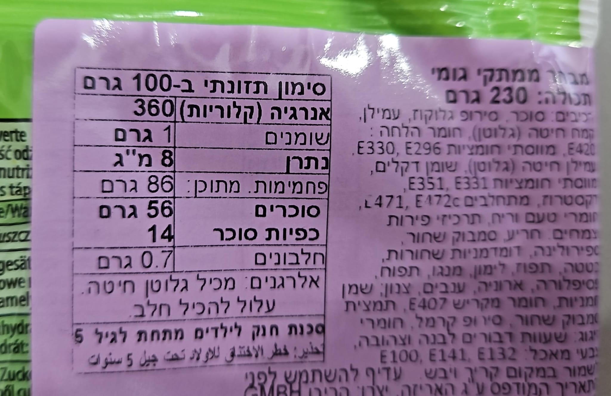 Uploaded ingredient image for גומי הריבו מארז של שקיות מיקס מיני -Haribo Knallbunt Minis Veggie