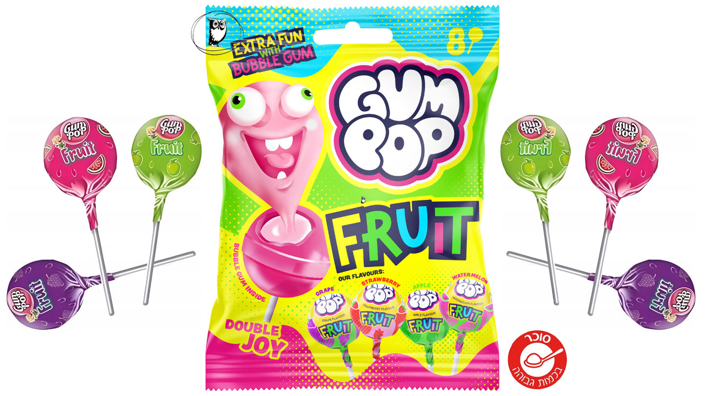 מארז של 8 סוכריות על מקל עם מסטיק בטעם פירות  - GUM POP